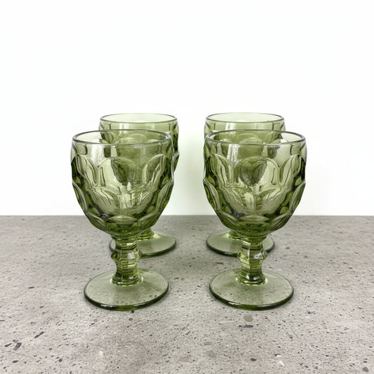 Curated by MFaith Glassware Set of 4 Vintage Reverse Dot Chalice Water Glasses Green