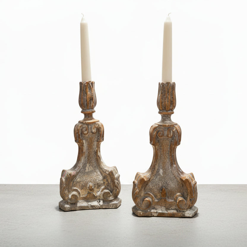 Curated by MFaith Candle Pair of Antique Carved Candlesticks