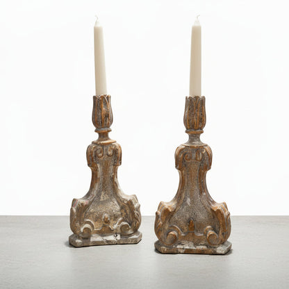 Curated by MFaith Candle Pair of Antique Carved Candlesticks