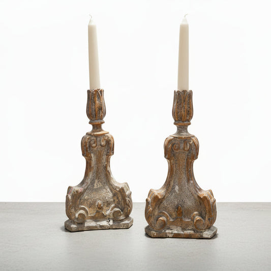 Curated by MFaith Candle Pair of Antique Carved Candlesticks