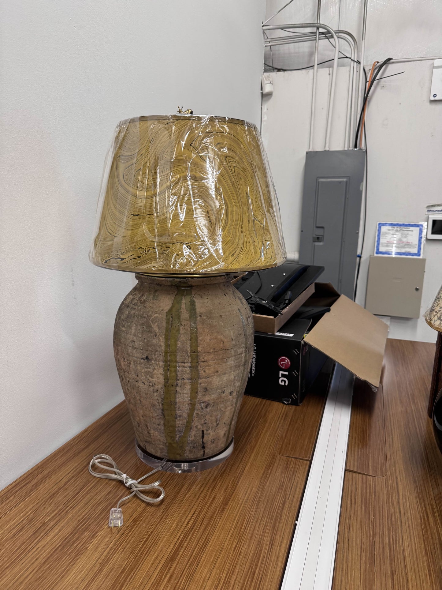 Antique Spanish Olive Jar Lamp with Marbled Shade