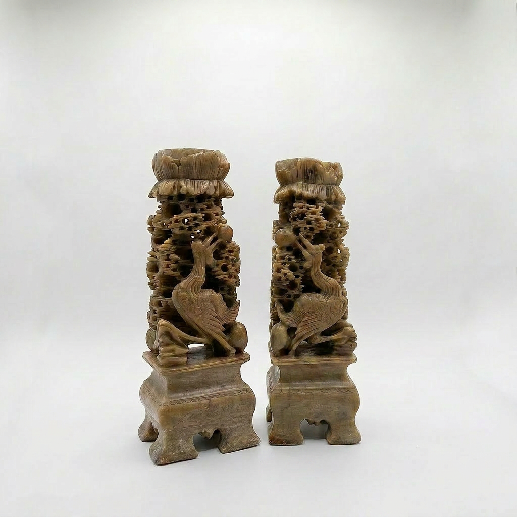 Pair of Vintage Carved Soapstone Candelabras