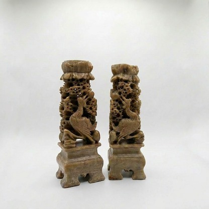 Pair of Vintage Carved Soapstone Candelabras