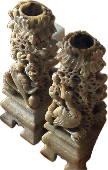 Pair of Vintage Carved Soapstone Candelabras