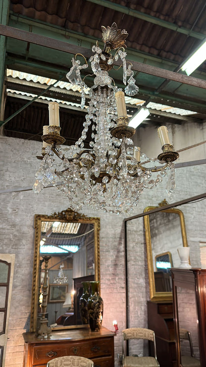 Antique French Bronze and Crystal Chandelier with Star Crystals
