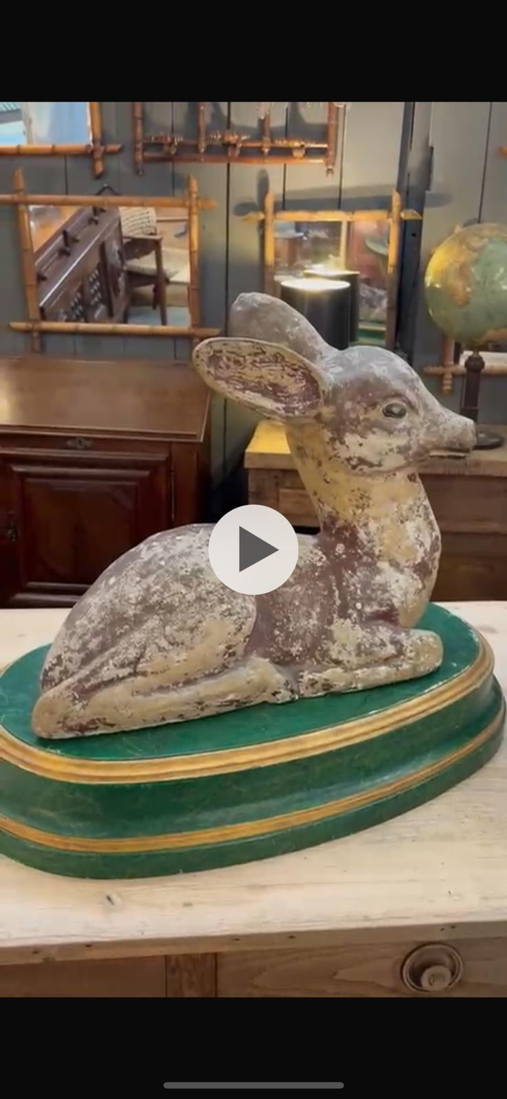 Vintage Stone Deer on Green Wooden Base