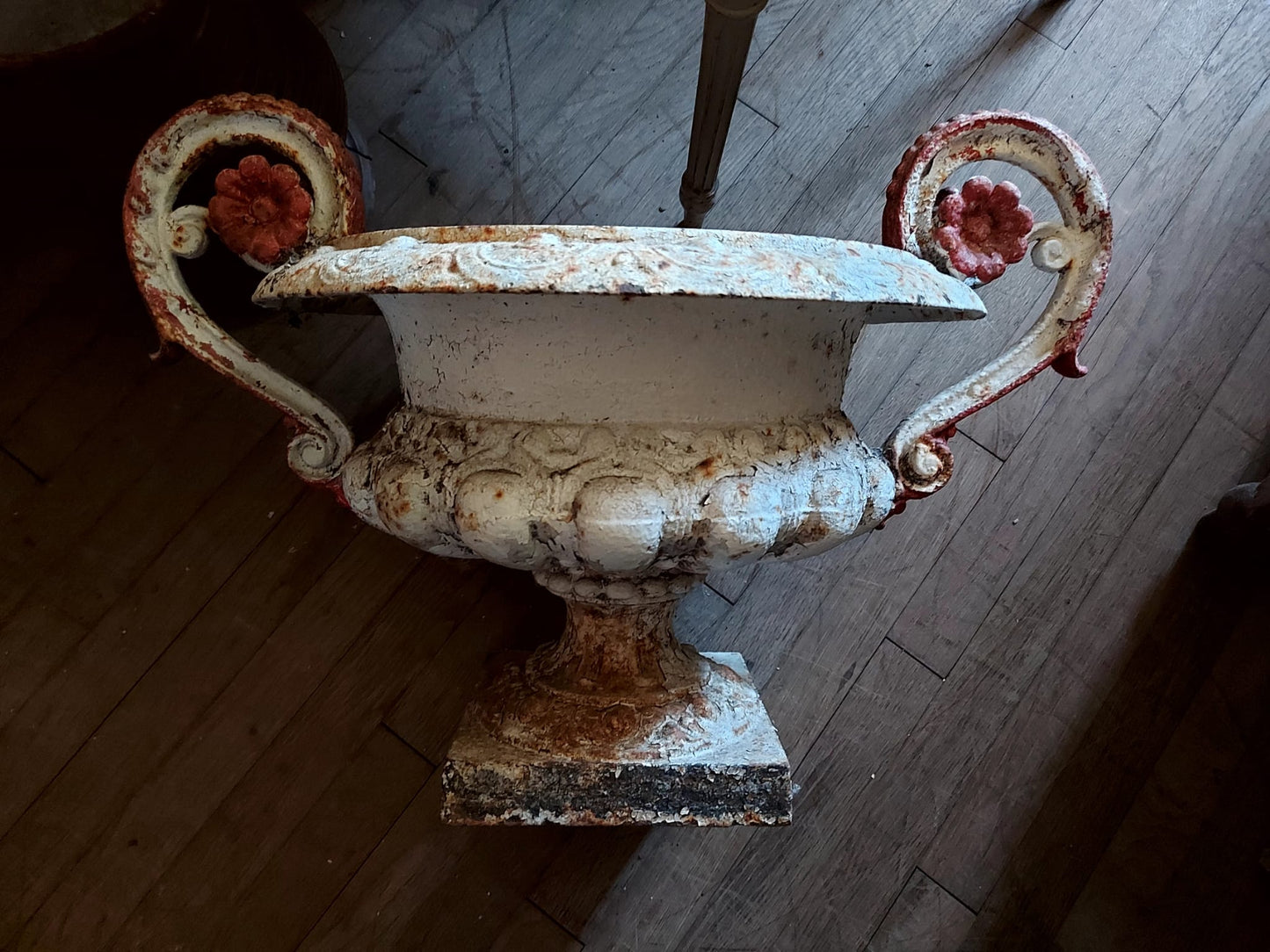 Vintage French Cast Iron Urn with Red Flowers