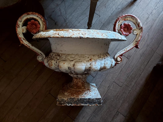 Vintage French Cast Iron Urn with Red Flowers