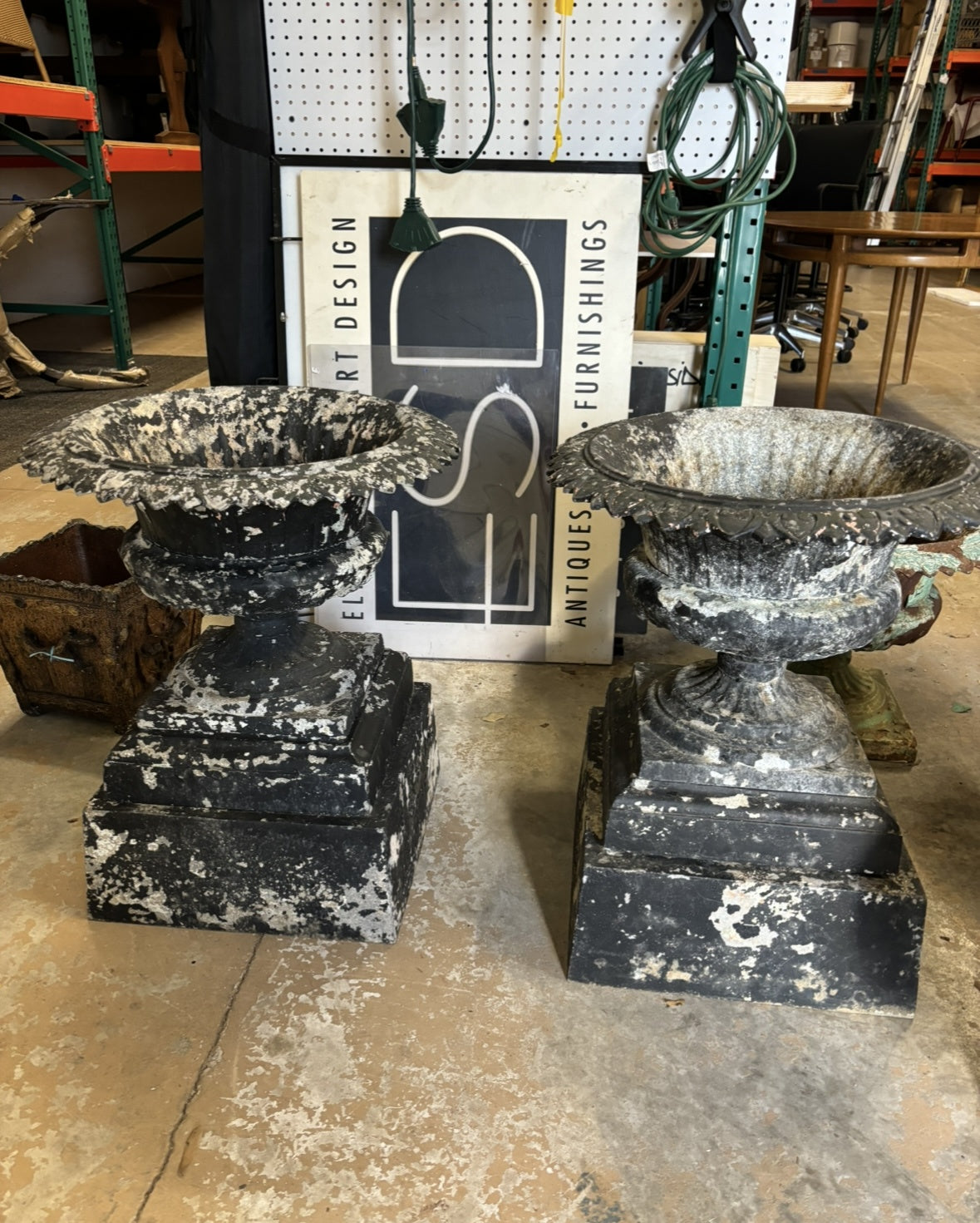 Pair of Vintage Black Cast Iron Tazza Urns on Plinths