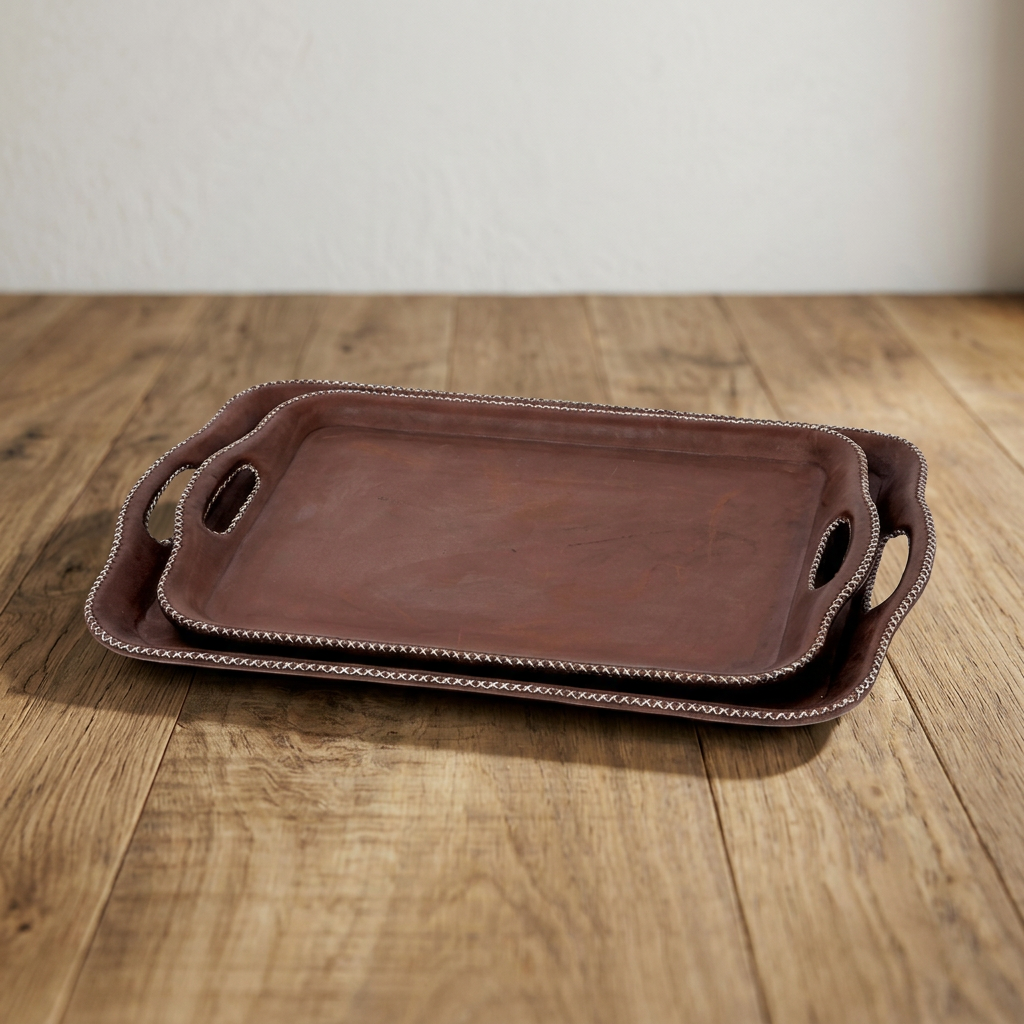 Hand Stitched Leather Tray with handles.