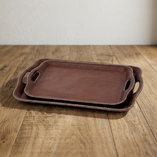 Hand Stitched Leather Tray with handles.
