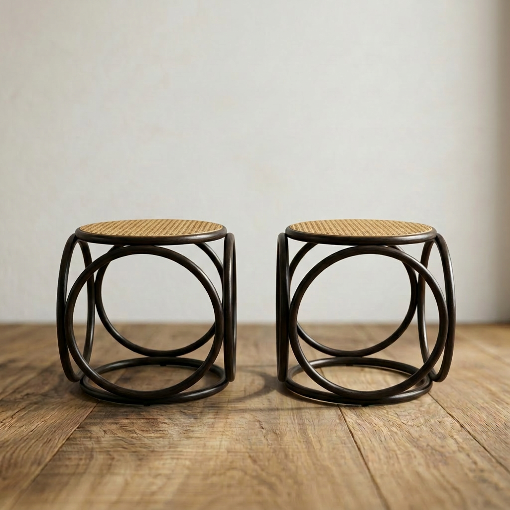 Pair of Vintage Thonet Bentwood & Cane Stools